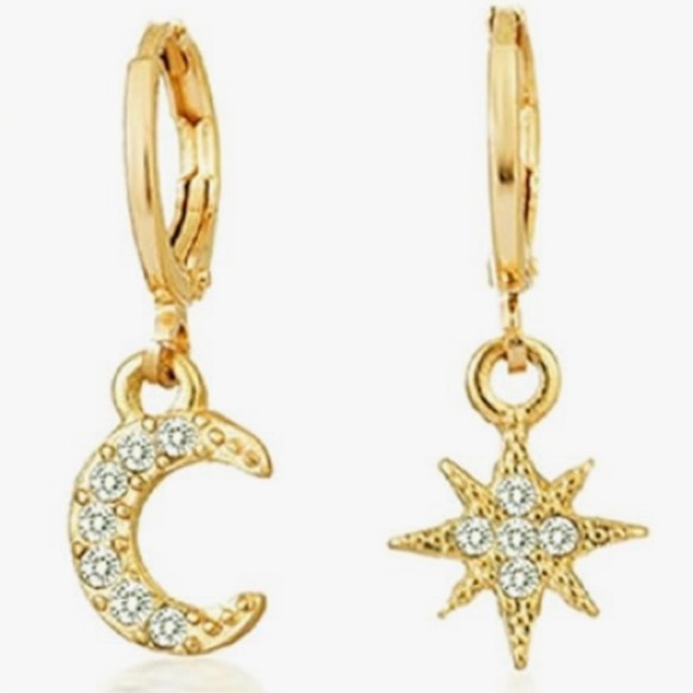 Crescent Moon Star Asymmetrical Rhinestone Earrings BOGO FREE |  NEW!